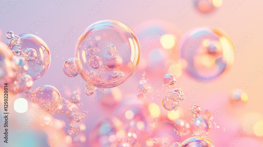 Poster abstract pastel bubbles background macro close-up of colorful iridescent soap bubbles with internal 