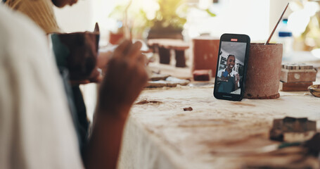 Black woman, phone screen and pottery with video recording for vlog, ceramic tutorial or crafting lesson at workshop. Hands, female person or artisan with smile for DIY, online art or virtual class