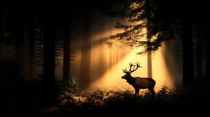 Majestic Stag Bathed in Golden Light Amidst a Mystical Forest Scene