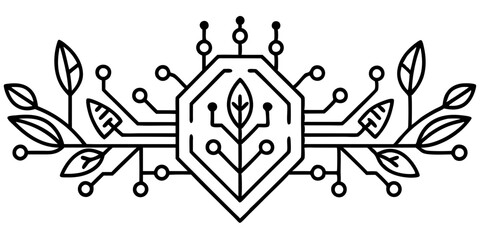 Stylized tree illustration, circuit board branches, geometric leaves, save plants text, environmental conservation poster, green and yellow background