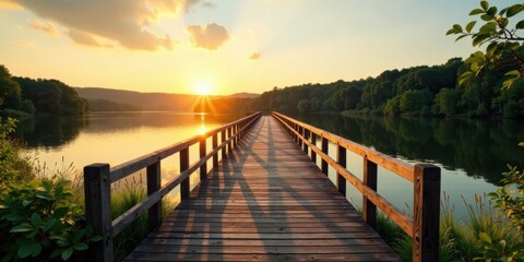 Fototapeta premium Serene Sunset Walkway Over Calm Lake Water at Golden Hour
