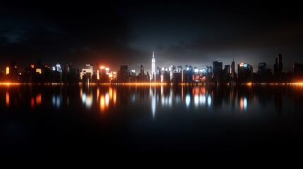 Obraz premium Metropolitan Cityscape, Illuminated Skyline Reflected in Still Waters
