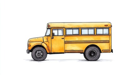 Illustration of a classic yellow school bus parked on a white background with no distractions (1)