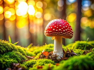 Magical Forest Mushroom: Red & White Fungus with Yellow Stem in Mossy Sunlight Bokeh