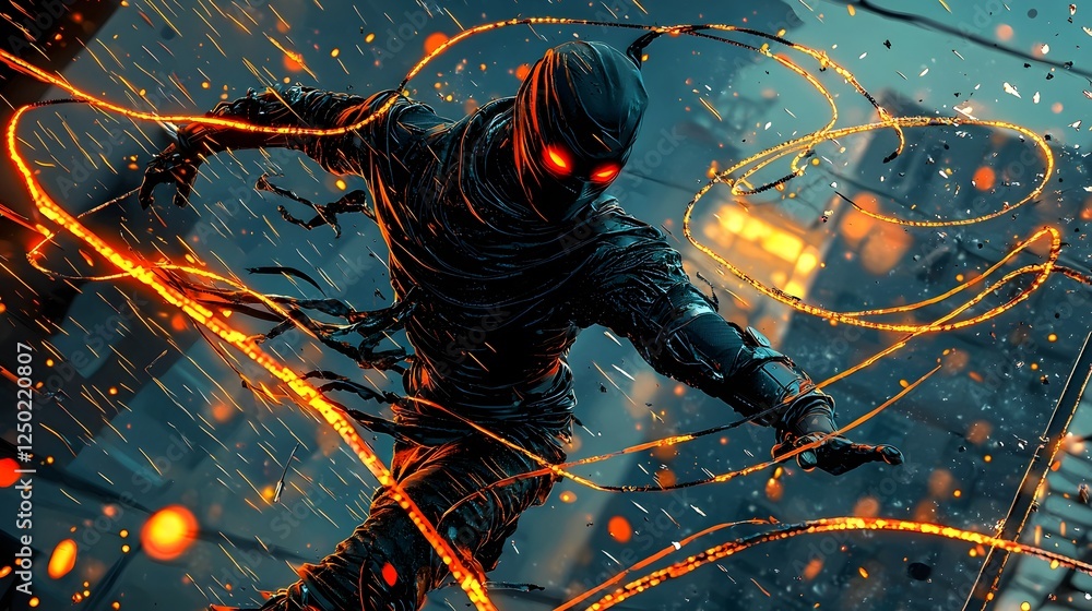 Poster A futuristic ninja warrior dodging a barrage of bullets with incredible speed agility and precision in a dynamic high energy urban setting with glowing energy trails particle effects and a dramatic