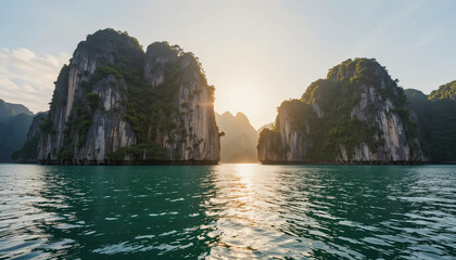 Dramatic limestone cliffs towering over emerald waters in Phang Nga Bay, Thailand, with golden sunlight reflecting on tranquil waves.