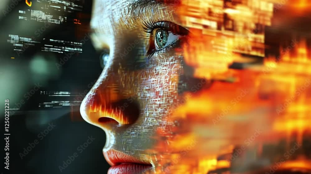 Poster digital fusion: a woman's face transformed by binary code and fiery hues