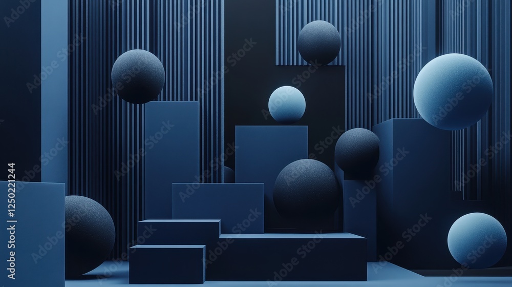 Poster modern blue abstract 3d geometric scene with spheres and cubes for product display or presentation b
