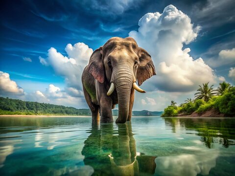 Majestic Asian Elephant Bathing in Water - Copy Space Left
