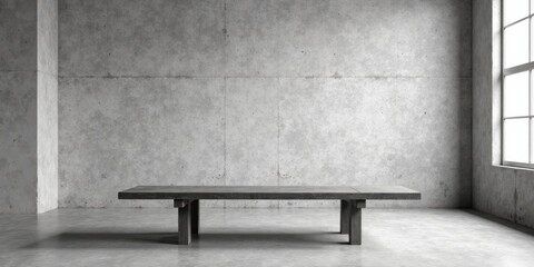 Simple wooden table in a minimalist concrete room with a large window