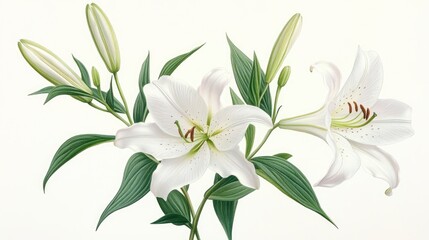 Beautiful white lilies in full bloom with buds, surrounded by green leaves against a soft background
