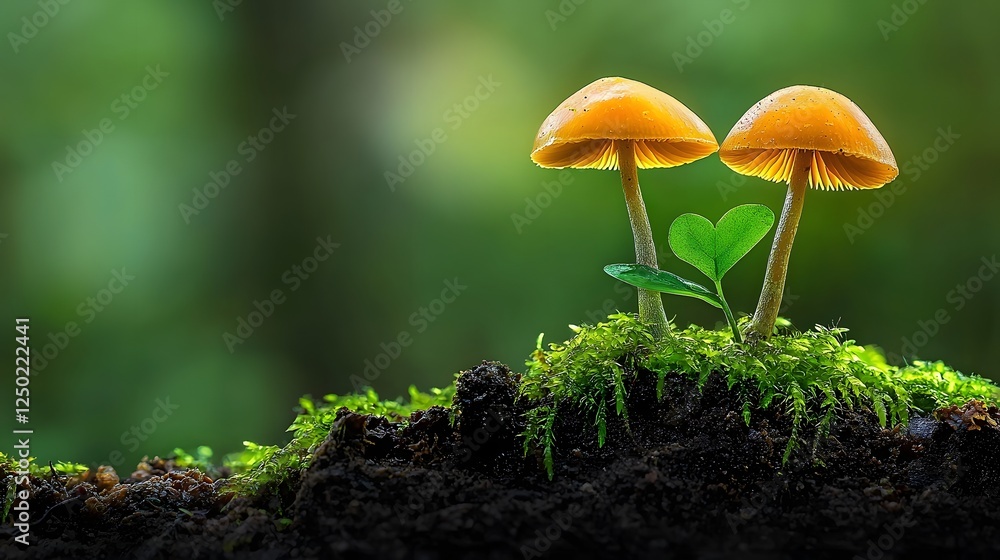 Aufkleber Close up view of small mushrooms sprouting from the rich mossy ground of a lush forest showcasing the intricate and delicate details of this miniature ecosystem