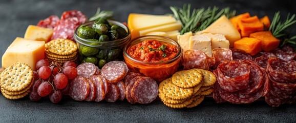 Colorful Charcuterie Board With Variety Of Cheeses, Meats And Crackers