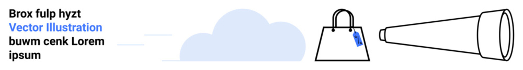 Telescope alongside shopping bag with price tag and minimal cloud background. Ideal for e-commerce, exploration, observation, online shopping, future planning, discovery, flat landing page banner