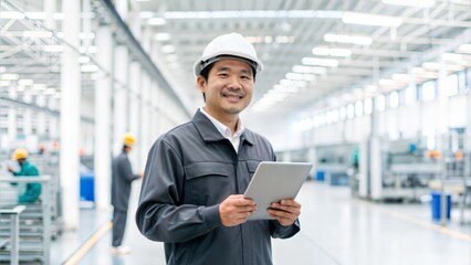 A Confident Asian Factory Supervisor Holding Tablet and Smiling at the Camera.
