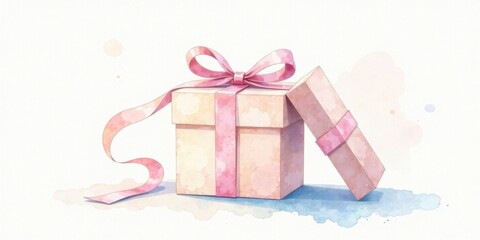 Fototapeta premium A delicately painted pastel gift box with a pink ribbon, partially open, sits on a watercolor wash background
