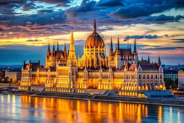 Obraz premium Majestic Budapest Architecture: Rule of Thirds Composition, Historical Buildings, Danube River View