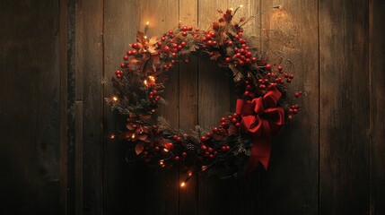 Rustic Christmas Wreath with Red Berries, Red Bow and Warm Lights on Dark Wood Background.