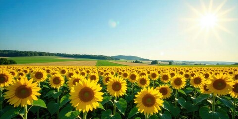Fototapeta premium Vast Sunflower Field Basking in Golden Sunlight Under a Clear Blue Sky