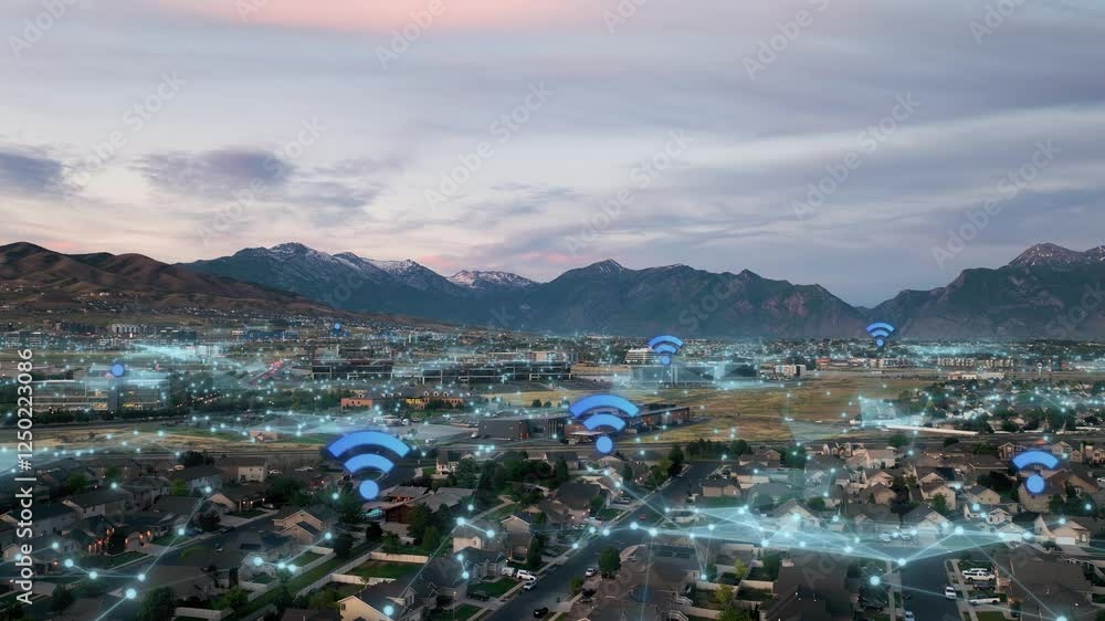 Poster suburban community active with digital internet networks and wi-fi hotspots - aerial view with conce