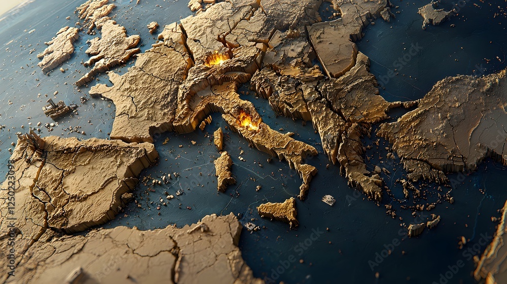 Poster Dramatic 3D visualization of the shifting tectonic plates that shape the continents and oceans of planet Earth