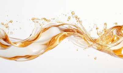 Amber liquid flowing, white background, splash, advertising