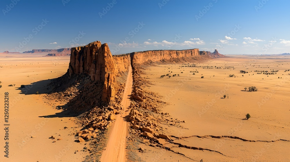 Poster Dramatic arid desert landscape with rugged geological formations towering cliffs and a cracking fault line splitting open the barren remote and expansive terrain  The harsh