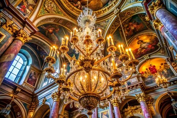 Obraz premium Majestic Crystal Chandelier in Prague's St. Nicholas Church - Architectural Interior Detail