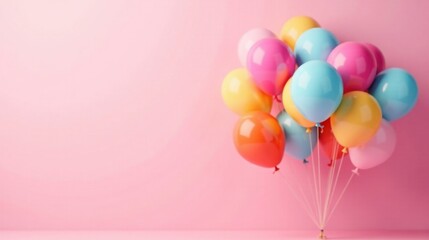 A cluster of colorful balloons against a pink background