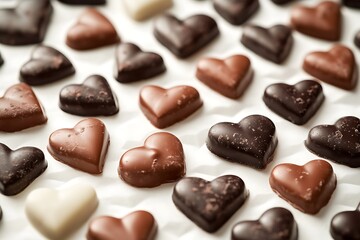 Fototapeta premium A complex mosaic of tiny heart-shaped chocolates, each a different shade of cocoa, from milky white to deep dark, on white.