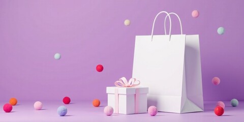 A Gift Box and Shopping Bag with Colorful Balls on Purple Background