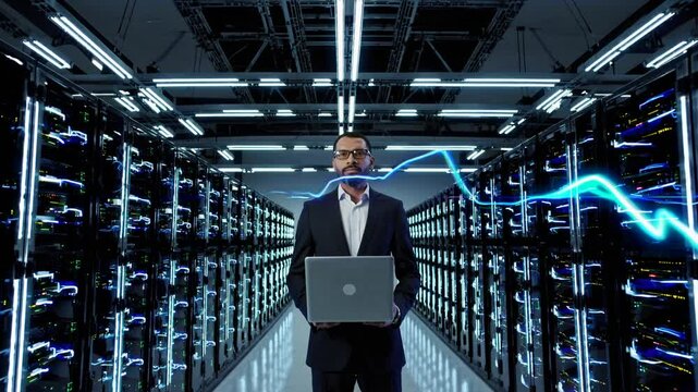 Data Center Specialist: A confident IT professional stands amidst rows of powerful servers in a modern data center, holding a laptop and overseeing data flow visualized as a dynamic blue energy line.