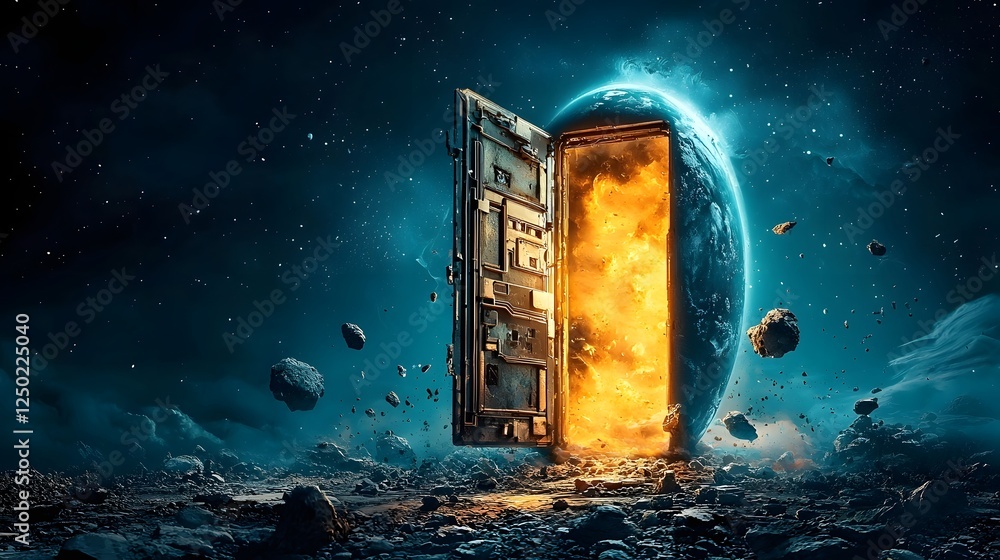 Poster mystical portal opening from a vimana an ancient advanced aircraft revealing an ethereal transcenden
