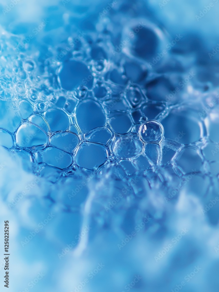 Poster macro close-up of abstract blue bubbles and foam texture.
