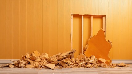 Home Renovation Project, Yellow Wall with Hole and Debris on the Floor, a Reminder of Challenges and New Beginnings