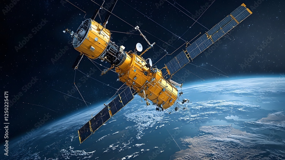 Poster satellite orbiting earth and scanning the planet s tectonic movements and geological activity from a