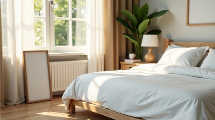 Fototapeta premium Sunlight Illuminates a Serene Bedroom with Minimalist Decor and a Comfortable Bed