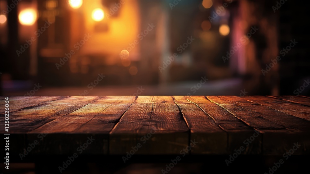 Poster empty rustic wooden table top with blurred warm bokeh background for product display