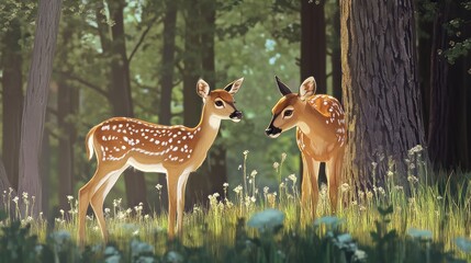 Two Fawn in Forest Glade: A Moment of Tranquility in Nature's Embrace