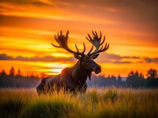 Fototapeta premium Majestic Moose Silhouette Resting in Grassland at Dawn