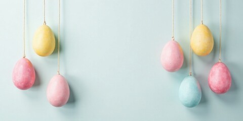 Pastel Easter eggs hanging on twine against a light blue background