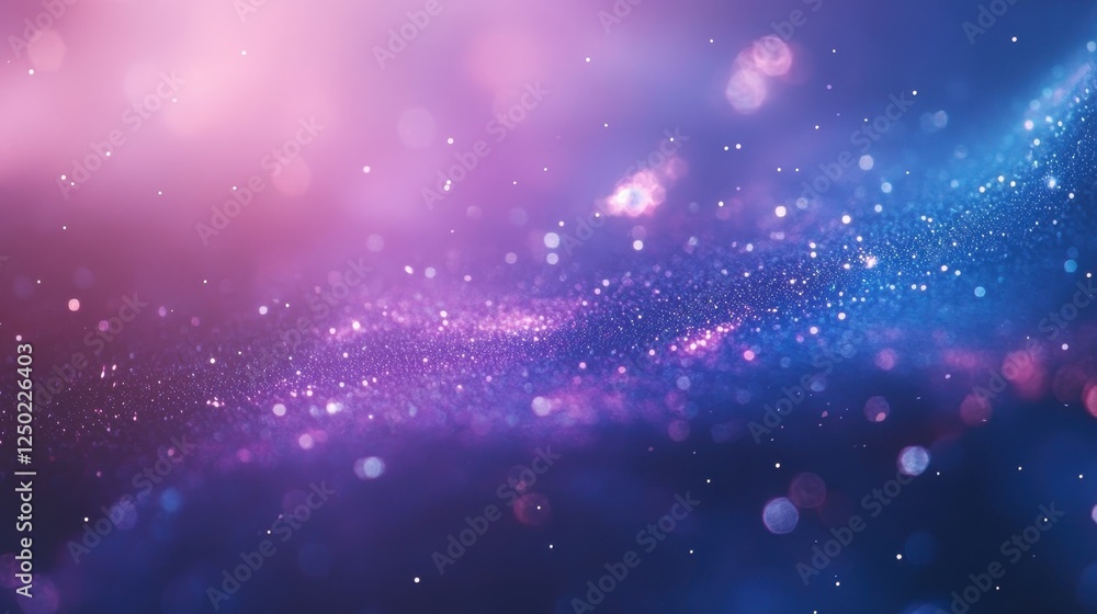 Poster dreamy abstract bokeh background with pink and blue gradient and glittering particles.