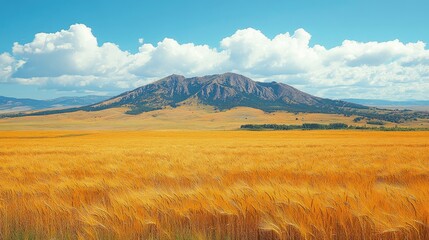 Golden wheat field swaying under a bright blue sky with distant mountains and fluffy clouds