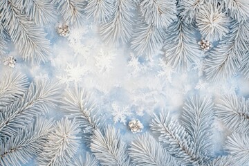 Frosty Winter Holiday Background with Snow Covered Pine Branches, Snowflakes, and Pinecones.