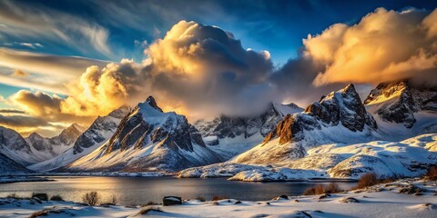 Majestic Norwegian Snowy Mountain Landscape with Dramatic Clouds - High-Resolution Stock Photo