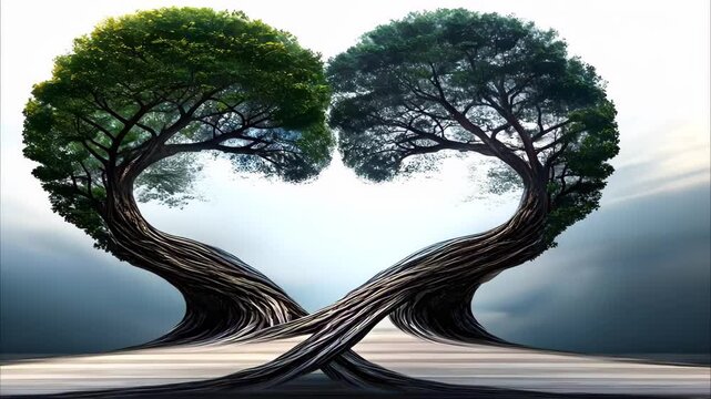 Two intertwined trees forming a heart shape, symbolizing love and connection, against a soft, misty background.
