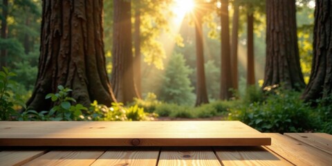Naklejka premium Serene Sunrise in a Lush Forest with a Wooden Platform