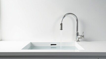 Modern chrome kitchen faucet with water flowing into a pristine white sink