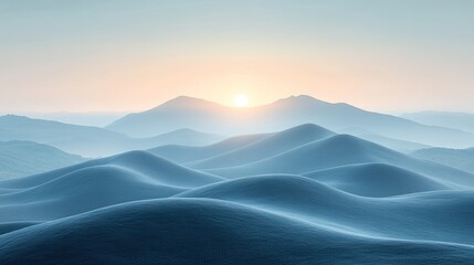 Serene sunrise over rolling blue hills, with misty mountains in the background, creating tranquility