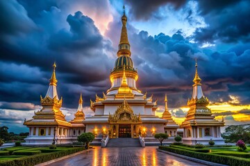 Majestic Phra Maha Chedi Chai Mongkol at Night, Illuminated Stupa, Low Light Temple Photography, Thailand